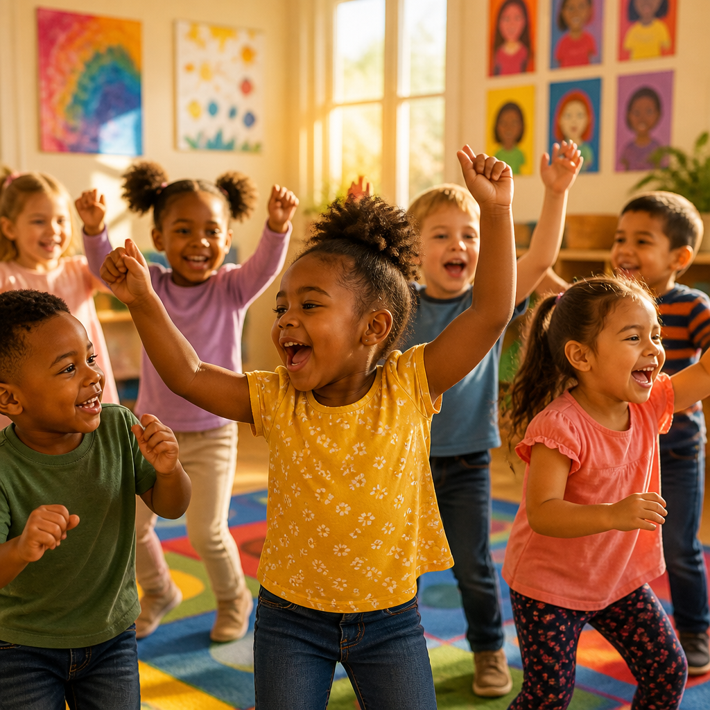 Children dancing, making music and art